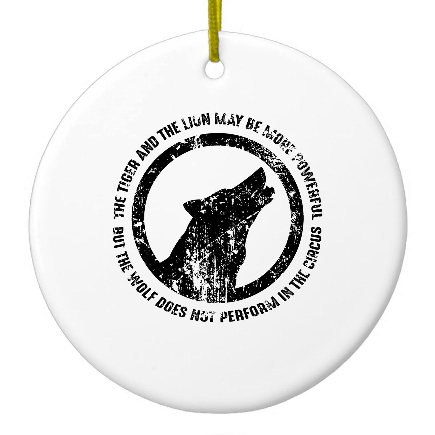 DistinctInk® Hanging Ceramic Christmas Tree Ornament with Gold String - Great Gift / Present - 2 3/4 inch Diameter - Lion & Tiger Powerful, Wolf Not in Circus