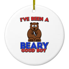 DistinctInk® Hanging Ceramic Christmas Tree Ornament with Gold String - Great Gift / Present - 2 3/4 inch Diameter - I've Been A Beary Good Boy