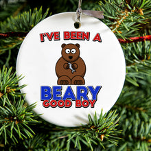 DistinctInk® Hanging Ceramic Christmas Tree Ornament with Gold String - Great Gift / Present - 2 3/4 inch Diameter - I've Been A Beary Good Boy