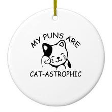 DistinctInk® Hanging Ceramic Christmas Tree Ornament with Gold String - Great Gift / Present - 2 3/4 inch Diameter - My Puns Are Cat-Astrophic