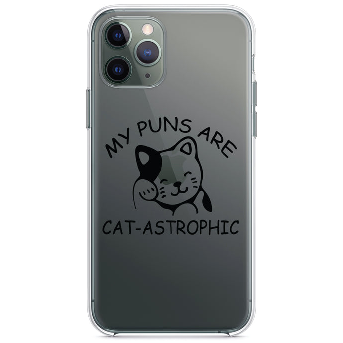 DistinctInk® Clear Shockproof Hybrid Case for Apple iPhone / Samsung Galaxy / Google Pixel - My Puns Are Cat-Astrophic