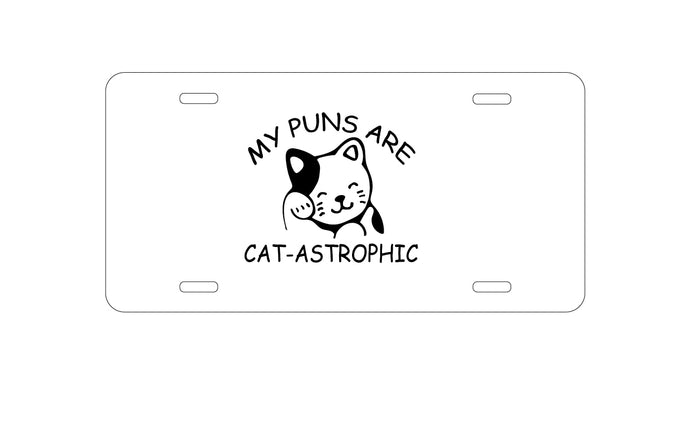 DistinctInk Custom Aluminum Decorative Vanity Front License Plate - My Puns Are Cat-Astrophic