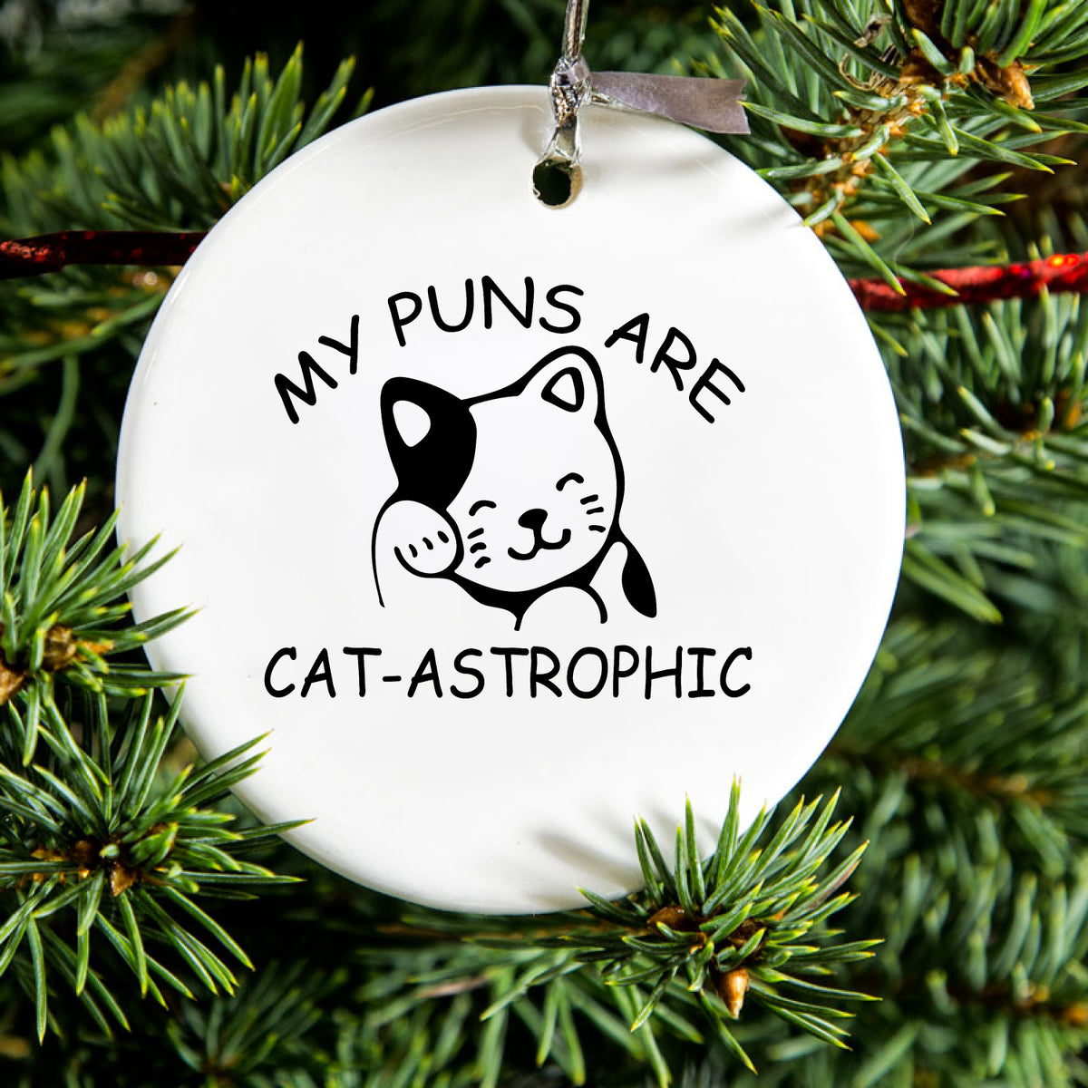 My Puns Are Cat-Astrophic Ceramic Ornament, view 2