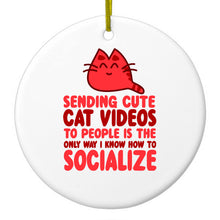 DistinctInk® Hanging Ceramic Christmas Tree Ornament with Gold String - Great Gift / Present - 2 3/4 inch Diameter - Sending Cute Cat Videos How I Socialize