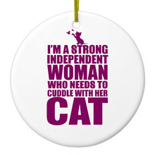 DistinctInk® Hanging Ceramic Christmas Tree Ornament with Gold String - Great Gift / Present - 2 3/4 inch Diameter - Strong Woman Needs to Cuddle Cat