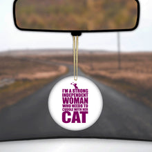 DistinctInk® Hanging Ceramic Christmas Tree Ornament with Gold String - Great Gift / Present - 2 3/4 inch Diameter - Strong Woman Needs to Cuddle Cat