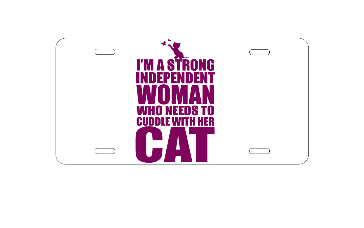DistinctInk Custom Aluminum Decorative Vanity Front License Plate - Strong Woman Needs to Cuddle Cat