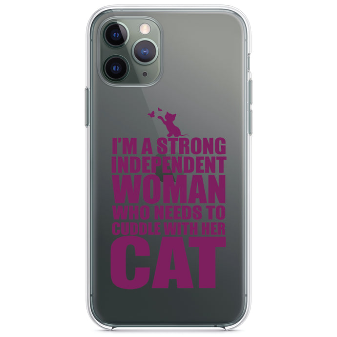 DistinctInk® Clear Shockproof Hybrid Case for Apple iPhone / Samsung Galaxy / Google Pixel - Strong Woman Needs to Cuddle Cat