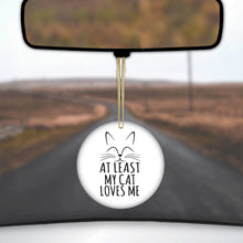 DistinctInk® Hanging Ceramic Christmas Tree Ornament with Gold String - Great Gift / Present - 2 3/4 inch Diameter - At Least My Cat Loves Me