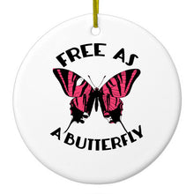 DistinctInk® Hanging Ceramic Christmas Tree Ornament with Gold String - Great Gift / Present - 2 3/4 inch Diameter - Free as a Butterfly - Pink