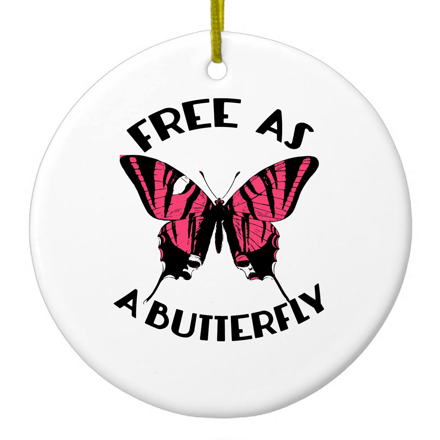 DistinctInk® Hanging Ceramic Christmas Tree Ornament with Gold String - Great Gift / Present - 2 3/4 inch Diameter - Free as a Butterfly - Pink