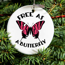 DistinctInk® Hanging Ceramic Christmas Tree Ornament with Gold String - Great Gift / Present - 2 3/4 inch Diameter - Free as a Butterfly - Pink