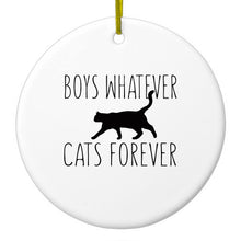 DistinctInk® Hanging Ceramic Christmas Tree Ornament with Gold String - Great Gift / Present - 2 3/4 inch Diameter - Boys Whatever, Cats Forever