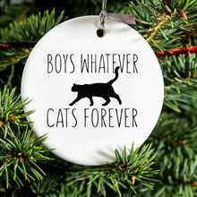 DistinctInk® Hanging Ceramic Christmas Tree Ornament with Gold String - Great Gift / Present - 2 3/4 inch Diameter - Boys Whatever, Cats Forever