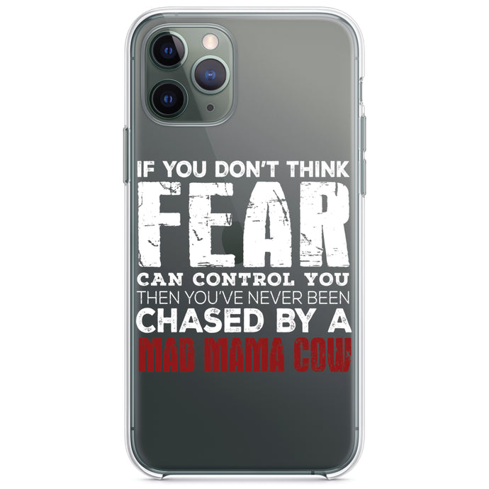 DistinctInk® Clear Shockproof Hybrid Case for Apple iPhone / Samsung Galaxy / Google Pixel - Never Been Chased By A Mad Mama Cow
