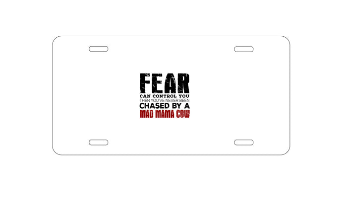 DistinctInk Custom Aluminum Decorative Vanity Front License Plate - Never Been Chased By A Mad Mama Cow