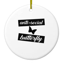 DistinctInk® Hanging Ceramic Christmas Tree Ornament with Gold String - Great Gift / Present - 2 3/4 inch Diameter - Anti-Social Butterfly