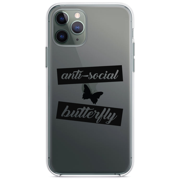 DistinctInk® Clear Shockproof Hybrid Case for Apple iPhone / Samsung Galaxy / Google Pixel - Anti-Social Butterfly