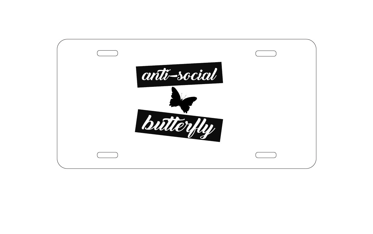 DistinctInk Custom Aluminum Decorative Vanity Front License Plate - Anti-Social Butterfly