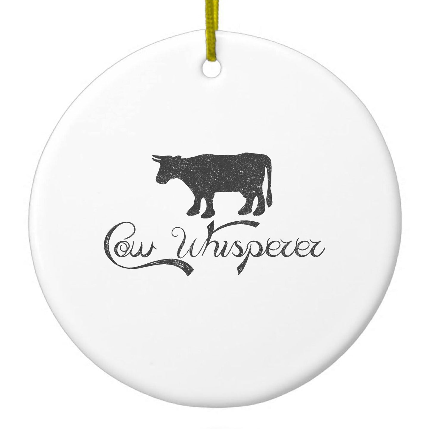 DistinctInk® Hanging Ceramic Christmas Tree Ornament with Gold String - Great Gift / Present - 2 3/4 inch Diameter - Cow Whisperer