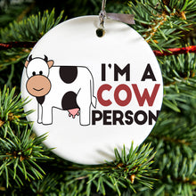 DistinctInk® Hanging Ceramic Christmas Tree Ornament with Gold String - Great Gift / Present - 2 3/4 inch Diameter - I'm A Cow Person