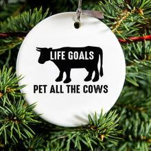 DistinctInk® Hanging Ceramic Christmas Tree Ornament with Gold String - Great Gift / Present - 2 3/4 inch Diameter - Life Goals, Pet All The Cows