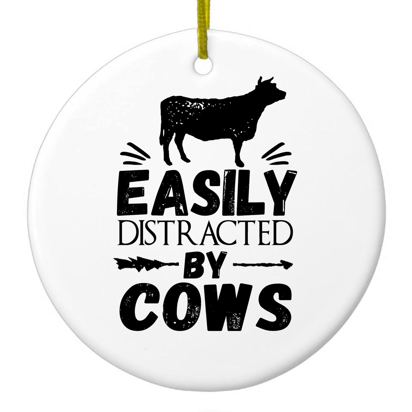 DistinctInk® Hanging Ceramic Christmas Tree Ornament with Gold String - Great Gift / Present - 2 3/4 inch Diameter - Easily Distracted By Cows