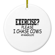 DistinctInk® Hanging Ceramic Christmas Tree Ornament with Gold String - Great Gift / Present - 2 3/4 inch Diameter - Exercise?  Please I Chase Cows