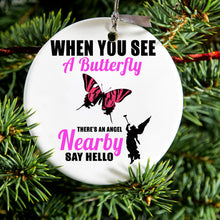 DistinctInk® Hanging Ceramic Christmas Tree Ornament with Gold String - Great Gift / Present - 2 3/4 inch Diameter - See Butterfly, Angel is Nearby