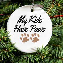 DistinctInk® Hanging Ceramic Christmas Tree Ornament with Gold String - Great Gift / Present - 2 3/4 inch Diameter - My Kids Have Paws