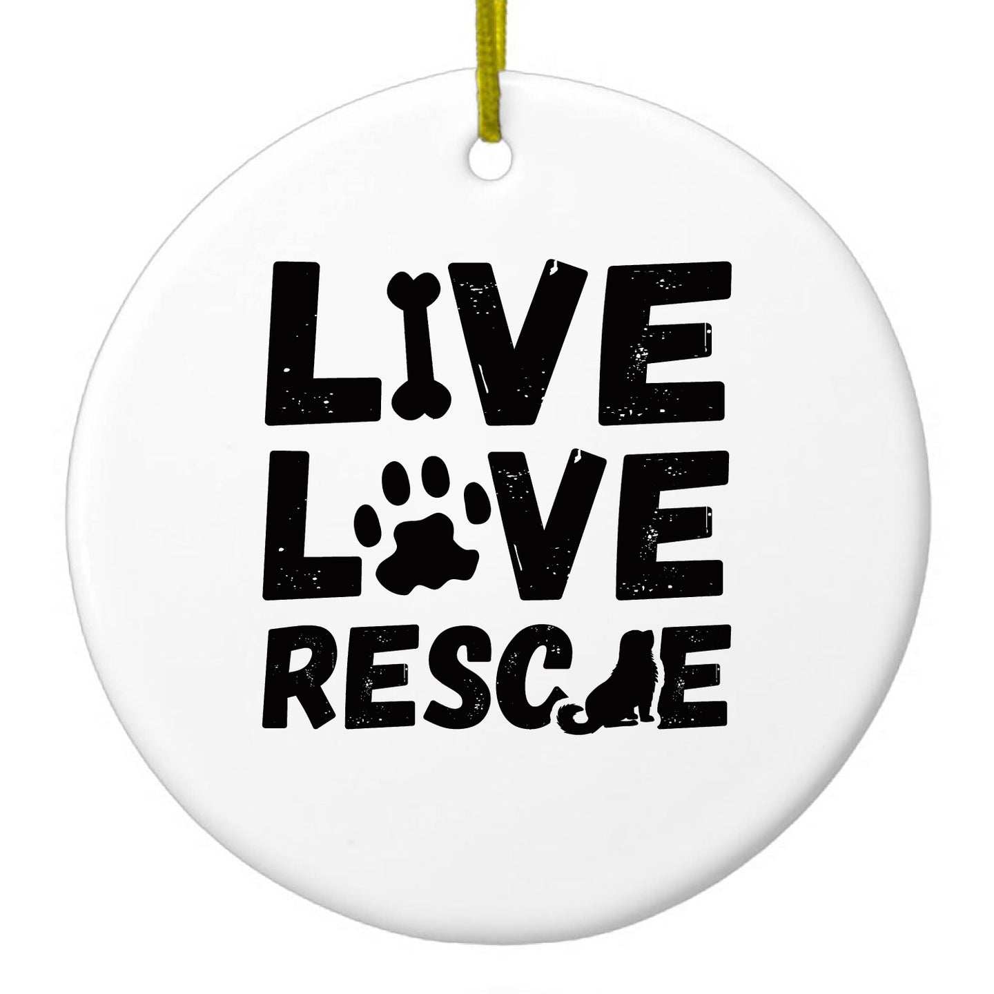 DistinctInk® Hanging Ceramic Christmas Tree Ornament with Gold String - Great Gift / Present - 2 3/4 inch Diameter - Live Love Rescue - Dog Paw