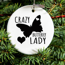 DistinctInk® Hanging Ceramic Christmas Tree Ornament with Gold String - Great Gift / Present - 2 3/4 inch Diameter - Crazy Butterfly Lady
