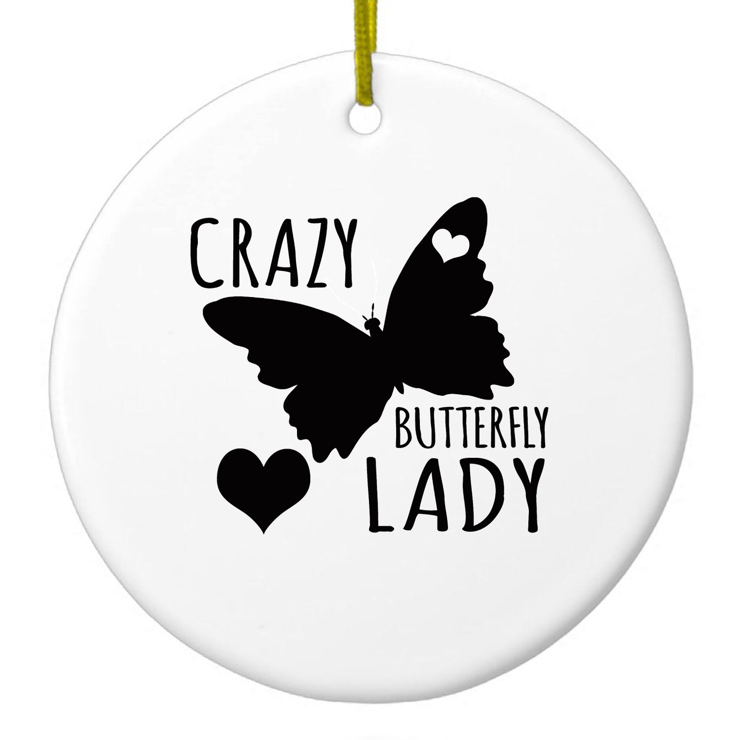 DistinctInk® Hanging Ceramic Christmas Tree Ornament with Gold String - Great Gift / Present - 2 3/4 inch Diameter - Crazy Butterfly Lady