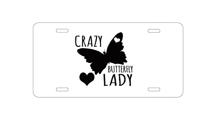 DistinctInk Custom Aluminum Decorative Vanity Front License Plate - Crazy Butterfly Lady