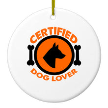DistinctInk® Hanging Ceramic Christmas Tree Ornament with Gold String - Great Gift / Present - 2 3/4 inch Diameter - Certified Dog Lover
