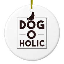 DistinctInk® Hanging Ceramic Christmas Tree Ornament with Gold String - Great Gift / Present - 2 3/4 inch Diameter - Dog O Holic - Dogoholic