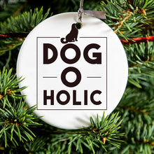 DistinctInk® Hanging Ceramic Christmas Tree Ornament with Gold String - Great Gift / Present - 2 3/4 inch Diameter - Dog O Holic - Dogoholic
