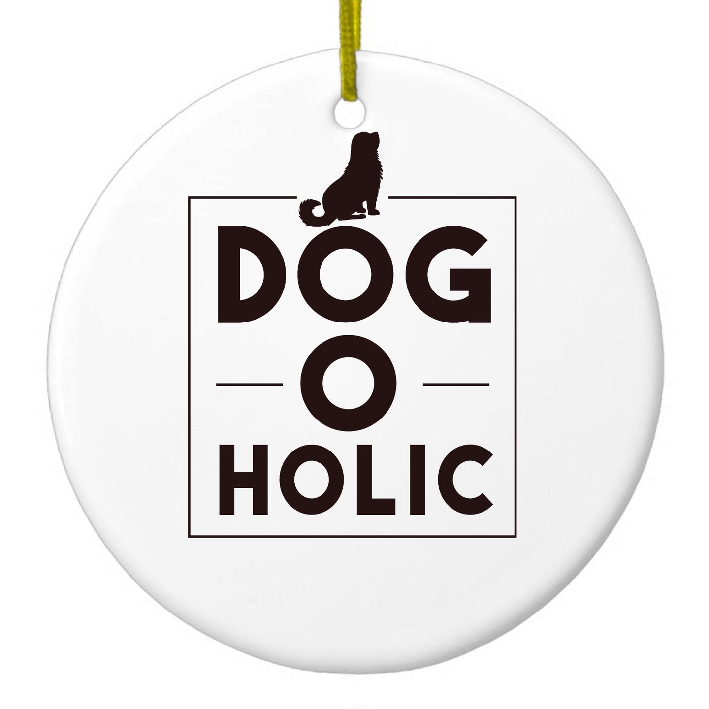 DistinctInk® Hanging Ceramic Christmas Tree Ornament with Gold String - Great Gift / Present - 2 3/4 inch Diameter - Dog O Holic - Dogoholic