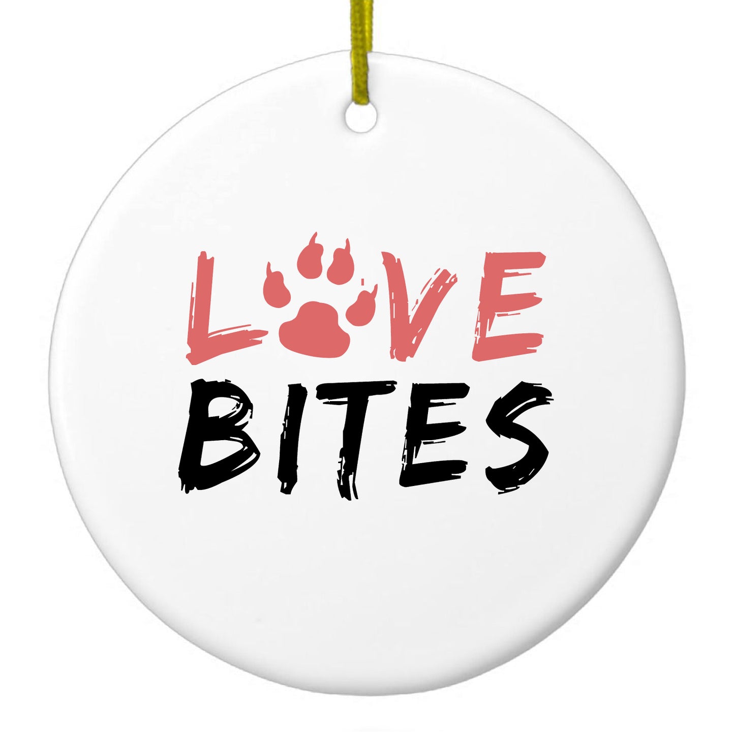 DistinctInk® Hanging Ceramic Christmas Tree Ornament with Gold String - Great Gift / Present - 2 3/4 inch Diameter - Love Bits - Dog Paw