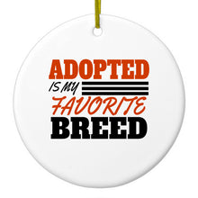 DistinctInk® Hanging Ceramic Christmas Tree Ornament with Gold String - Great Gift / Present - 2 3/4 inch Diameter - Adopted is My Favorite Breed