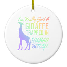 DistinctInk® Hanging Ceramic Christmas Tree Ornament with Gold String - Great Gift / Present - 2 3/4 inch Diameter - Just a Giraffe Trapped in a Human Body
