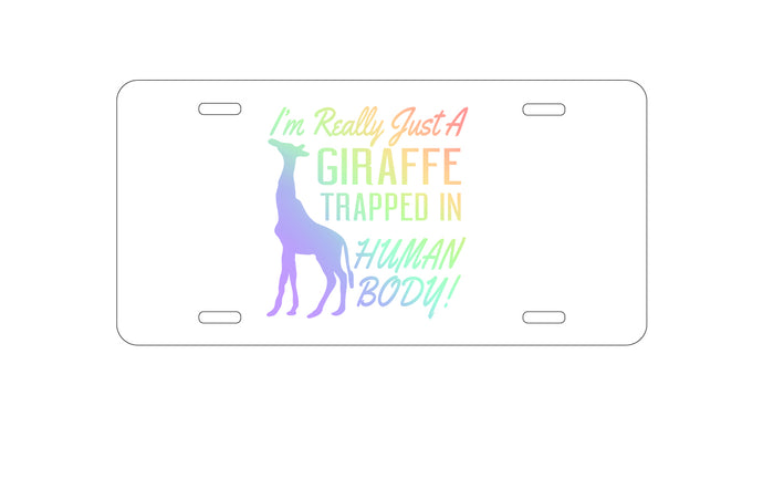 DistinctInk Custom Aluminum Decorative Vanity Front License Plate - Just a Giraffe Trapped in a Human Body