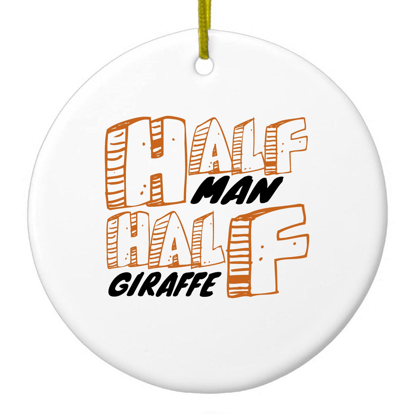 DistinctInk® Hanging Ceramic Christmas Tree Ornament with Gold String - Great Gift / Present - 2 3/4 inch Diameter - Half Man Half Giraffe