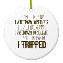 DistinctInk® Hanging Ceramic Christmas Tree Ornament with Gold String - Great Gift / Present - 2 3/4 inch Diameter - Smell Like Horse Treats, Shampoo, Manure