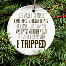 DistinctInk® Hanging Ceramic Christmas Tree Ornament with Gold String - Great Gift / Present - 2 3/4 inch Diameter - Smell Like Horse Treats, Shampoo, Manure