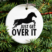 DistinctInk® Hanging Ceramic Christmas Tree Ornament with Gold String - Great Gift / Present - 2 3/4 inch Diameter - Just Get Over It - Horse Jump