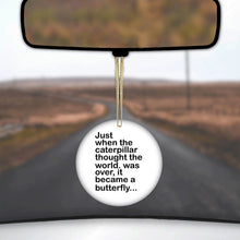 DistinctInk® Hanging Ceramic Christmas Tree Ornament with Gold String - Great Gift / Present - 2 3/4 inch Diameter - Caterpillar Though World Was Over Butterfly