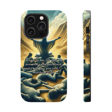 DistinctInk Tough Case for Apple iPhone, Compatible with MagSafe Charging - "Matthew 11:28 - Find Rest in Me"