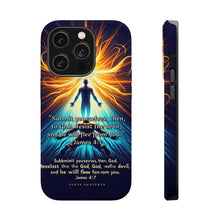 DistinctInk Tough Case for Apple iPhone, Compatible with MagSafe Charging - "Submission to God: James 4:7 - Resisting the Devil"