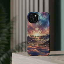 DistinctInk Tough Case for Apple iPhone, Compatible with MagSafe Charging - Psalm 121:1 - Seeking Divine Assistance in the Mountains